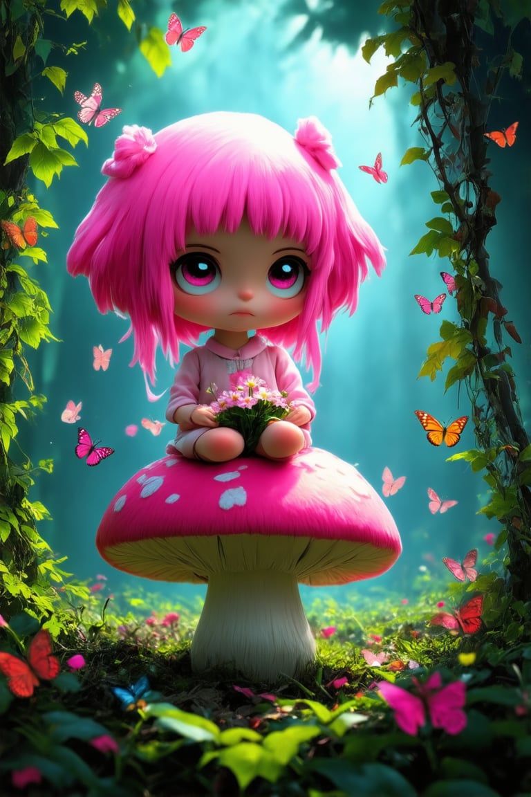 Close-up shot of a whimsical chibi character sitting on a plush mushroom in a lush forest, surrounded by fluttering butterflies and vines. Soft, warm sunlight filters through the leaves above, casting a gentle glow on the character's bright pink hair and cheerful expression. The character's small hands cradle a tiny flower bouquet, with a few stray petals escaping to create a sense of movement.