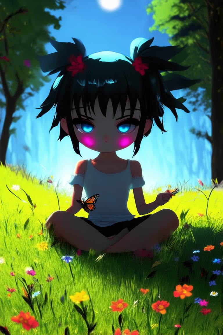 A chibi character sitting cross-legged on a grassy hillside, surrounded by vibrant wildflowers and towering trees. Soft sunlight filters through the leaves, casting gentle shadows on their bright pink cheeks and messy black hair. Their bright blue eyes sparkle with curiosity as they hold a small, fluttering butterfly in their hand, its delicate wings spread wide.