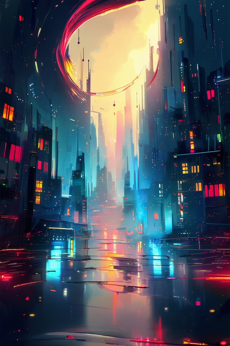 A futuristic cityscape at dusk, with neon lights reflecting off a sleek, metallic surface. A random design concept unfolds before us, a swirling vortex of shapes and colors emanating from a central hub. Vibrant hues dance across the frame, as if energized by an otherworldly force.