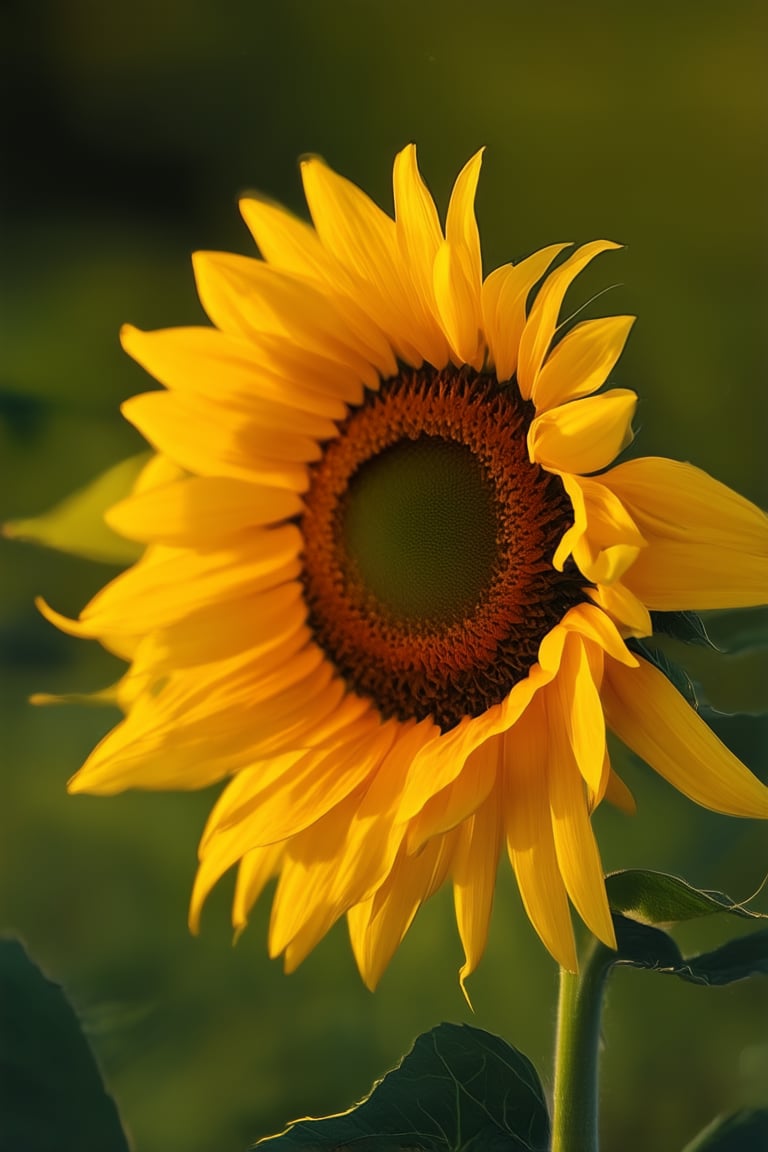 A close-up shot of a bright yellow sunflower with petals slightly ruffled by the gentle morning breeze. The vibrant effect is amplified as the camera captures the way the light dances across the textured surface, casting a warm glow on the surrounding greenery. Soft focus background blurs the edges, drawing attention to the radiant flower.