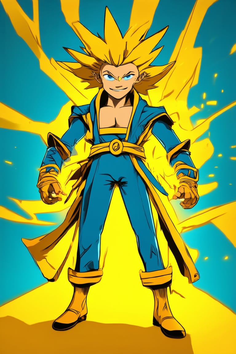 A brilliant yellow hue dominates this frame as Solak stands confidently, surrounded by a warm glow. The vibrant color radiates from their outfit, a sunny disposition evident in the slight smile and bright eyes. Framed against a subtle gradient of blues, the yellow pops against the soft background, creating an eye-catching visual harmony.