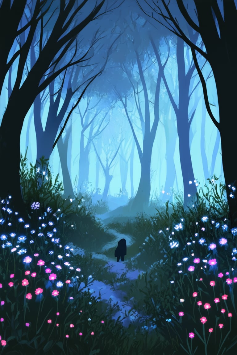 A whimsical illustration of a mystical forest at twilight, where ancient trees with glowing ink markings stretch towards the darkening sky. A lone figure, shrouded in shadows, kneels amidst the underbrush, surrounded by wispy tendrils of mist and vibrant wildflowers, illuminated by the soft, ethereal glow of bioluminescent fungi.