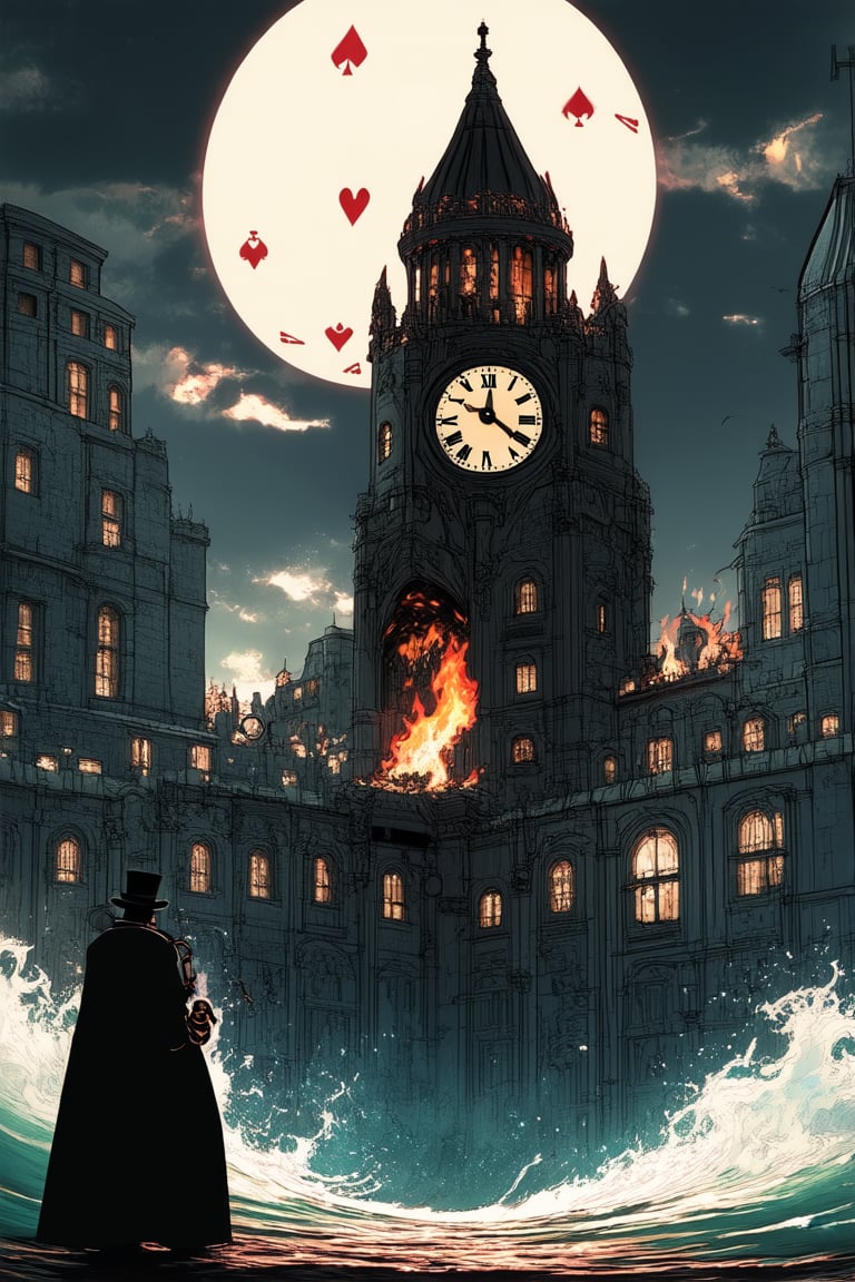 A dreamlike cityscape: a melting clock tower rises from a swirling ocean of milk, surrounded by giant playing cards and floating keys, all set against a fiery sunset sky with wispy clouds. In the foreground, a whimsical figure in a top hat and monocle floats effortlessly amidst the chaos, sipping tea from a dainty cup.