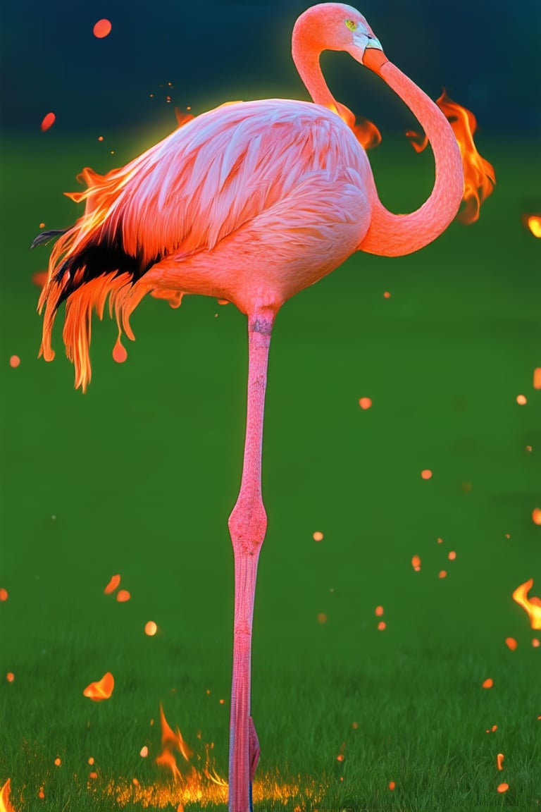 A close-up shot of a fiery pink flamingo standing tall on one leg, its vibrant feathers glowing like embers in the intense sunlight. The background is a blurred expanse of bright green grass, with hints of blue sky peeking through. The lighting is dramatic, with the sun's rays casting a warm glow on the flamingo's feathers, making them appear almost molten.