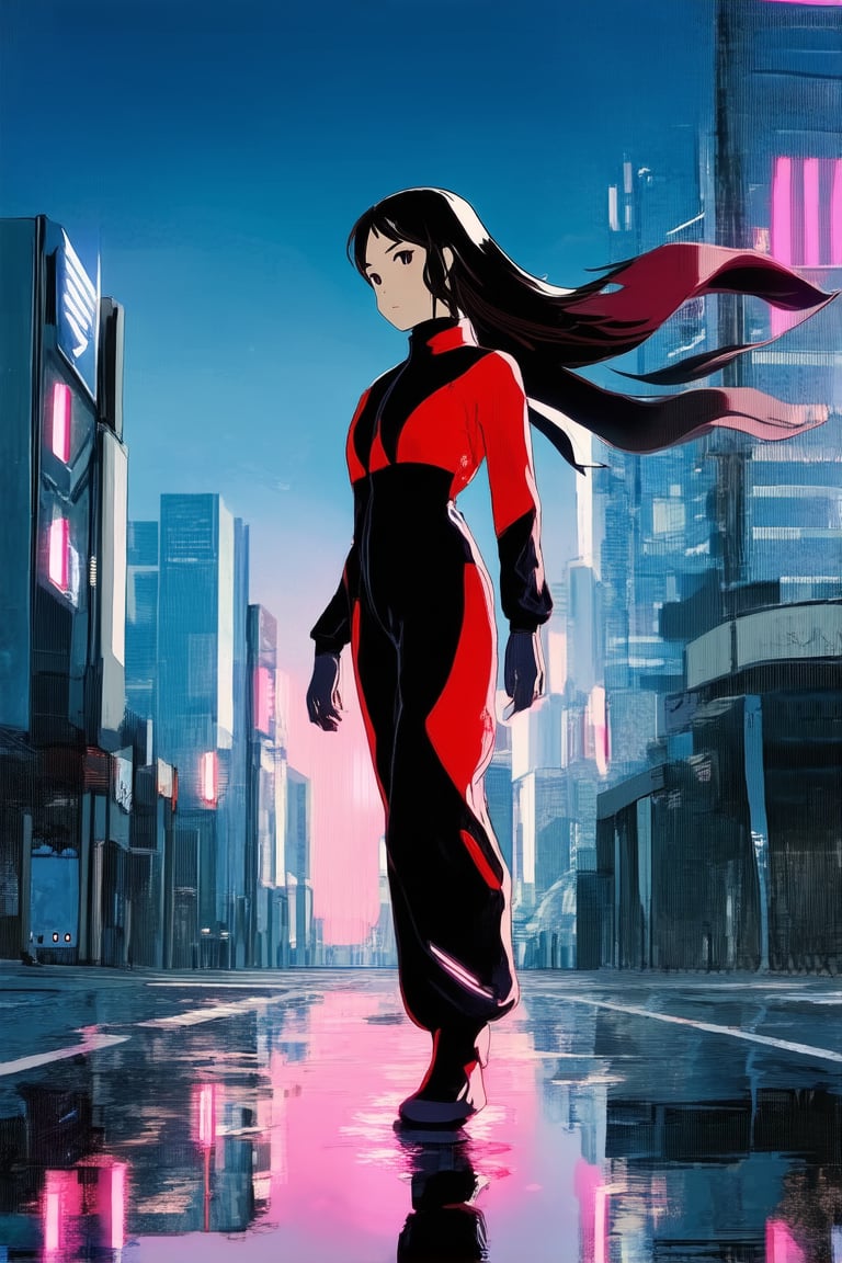 A futuristic cityscape at dusk, with neon lights reflecting off wet pavement, a young woman in a striking red and black jumpsuit stands confidently, her long hair flowing in the wind as she gazes out at the towering skyscrapers. Anime-inspired MixStyle art style blends traditional Japanese motifs with modern digital elements.