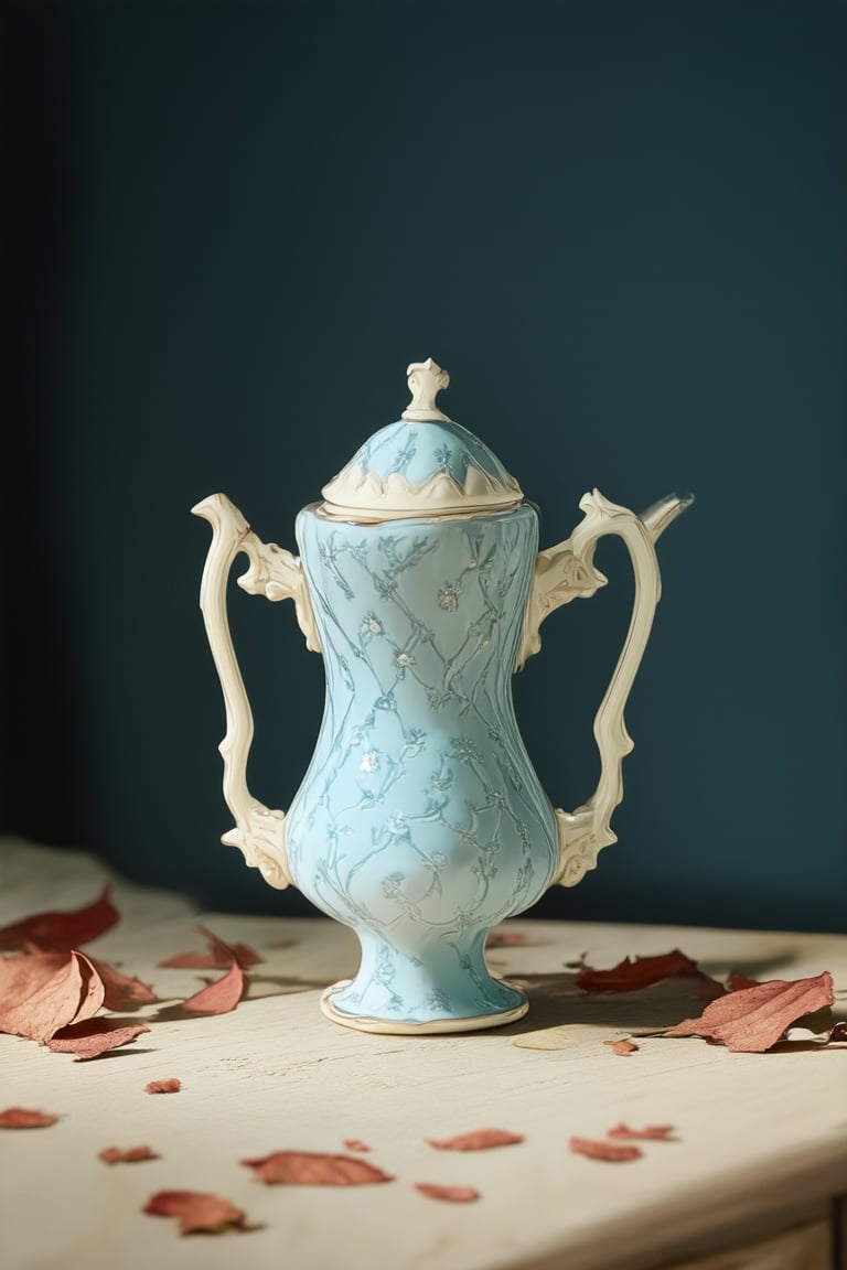 Capture a still life composition against a simple flat background with a subtle gradient of pale blue to cream, softly lit from the left side casting a warm glow on the subject. A vintage-style tea set, complete with intricate designs and delicate handles, is arranged artfully on a worn wooden table, with a few scattered tea leaves adding a touch of whimsy.