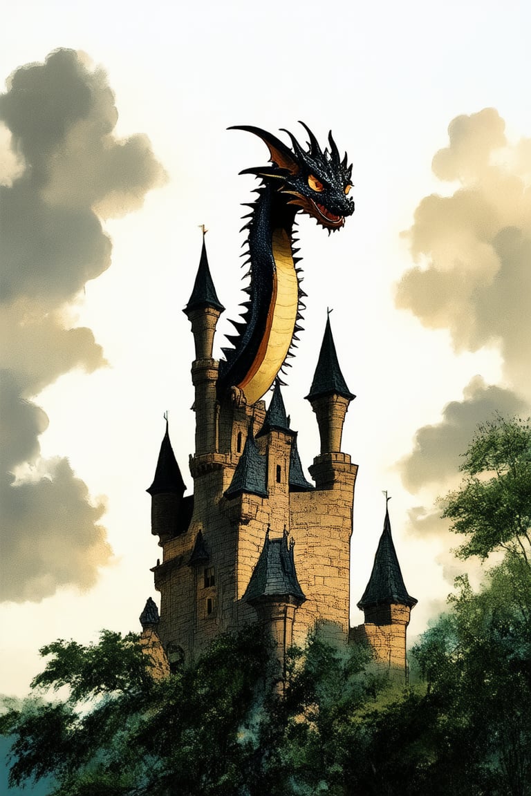 A majestic castle's turrets pierce the sky as a regal dragon perches atop, scales glistening in warm sunlight casting a heroic silhouette. The surrounding landscape unfolds with lush greenery and wispy clouds, evoking a sense of mystique and wonder, reminiscent of Don Bluth's timeless animated masterpieces.