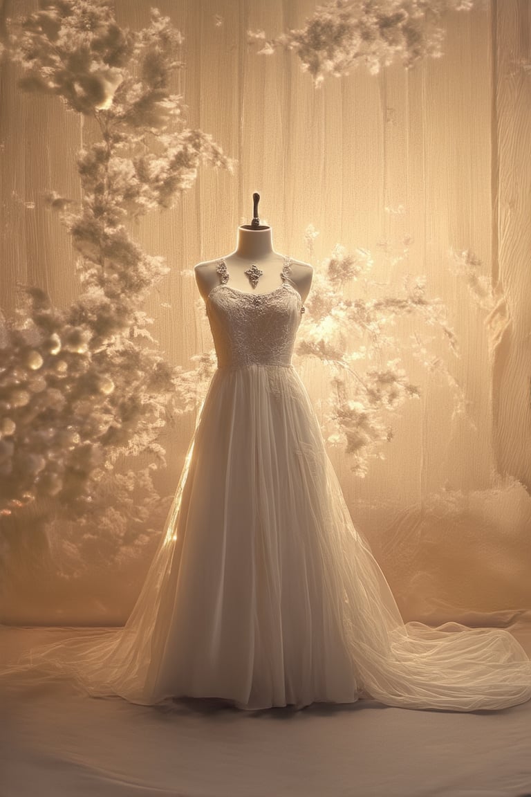 A nostalgic and dreamy atmosphere unfolds in a warm, golden light. A vintage-inspired scene is set against a soft-focus background, with delicate textures and subtle grain. Framed within a classic 4:3 aspect ratio, the subject poses elegantly, donning a flowing dress and ornate accessories, reminiscent of bygone eras.