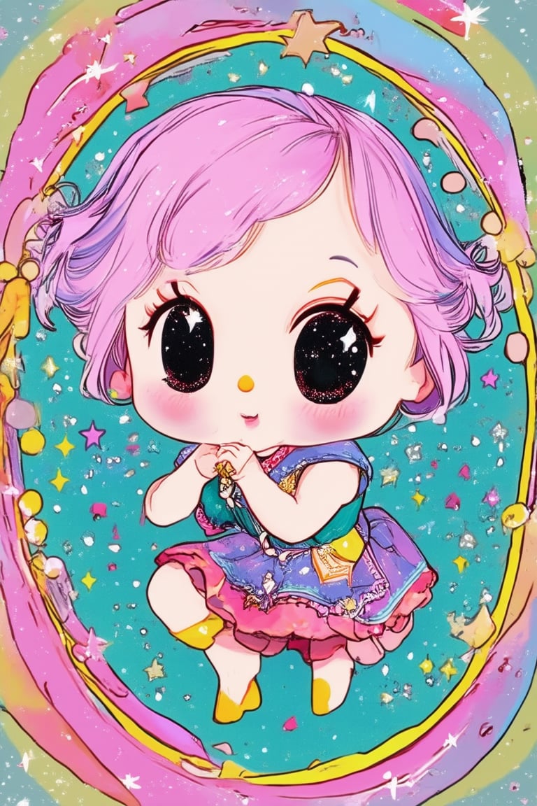 A whimsical illustration of a chibi Evey, featuring her in a playful pose amidst vibrant, swirling colors. The frame is surrounded by intricate details, resembling Japanese folk art. Soft focus and pastel hues bring out the character's childlike charm, with delicate shading adding texture to her hair and clothing. A sprinkle of glittering stars and sparkles completes the magical atmosphere.