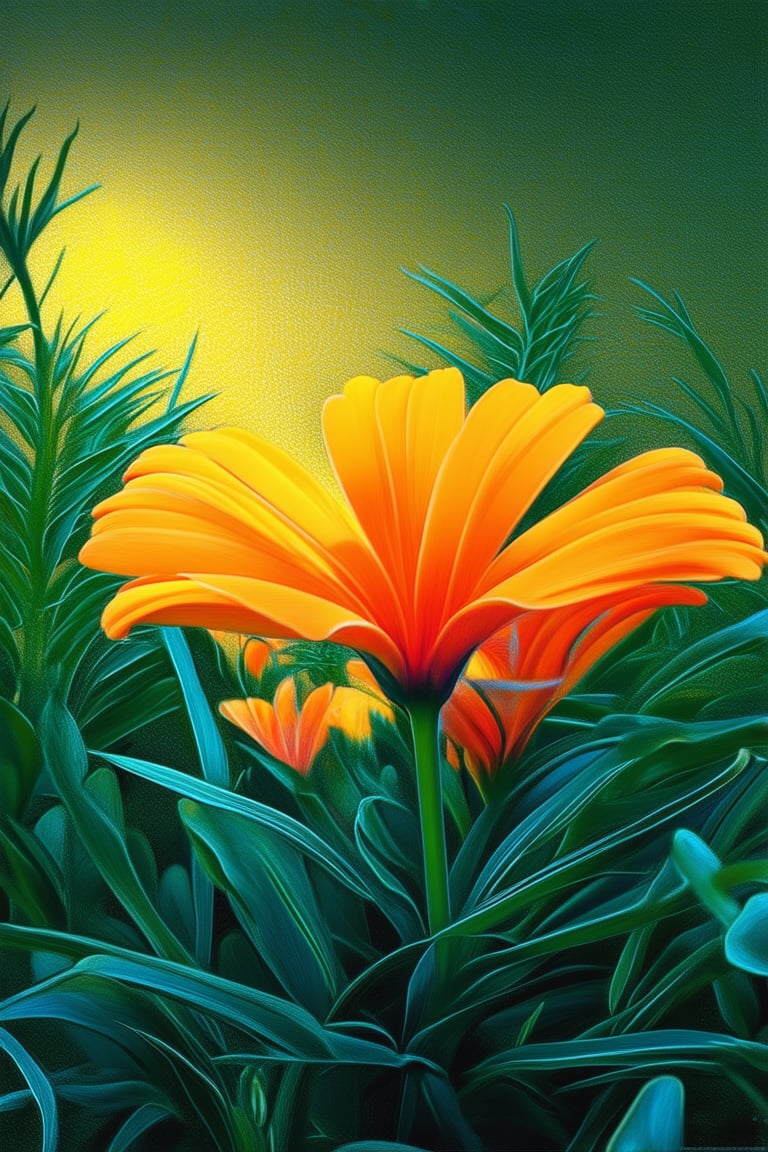 A dynamic close-up shot of a bright orange flower blooms against a warm yellow background, radiating vibrant colorful energy. Soft sunlight highlights the intricate petals, casting a gentle glow on the surrounding greenery. The camera captures the intricate details of the flower's texture and shape, set amidst a lush, verdant environment.