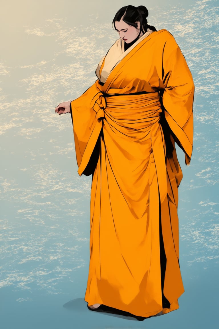 A vibrant yellow Hakama, traditional Japanese attire, with intricately designed pleats and folds, stands proudly against a subtle gradient background of soft blue and beige. Natural light casts a warm glow on the subject's dignified expression, with a hint of serenity in their eyes. The composition focuses on the garment's majestic curves, set against a minimalist backdrop, emphasizing its cultural significance.