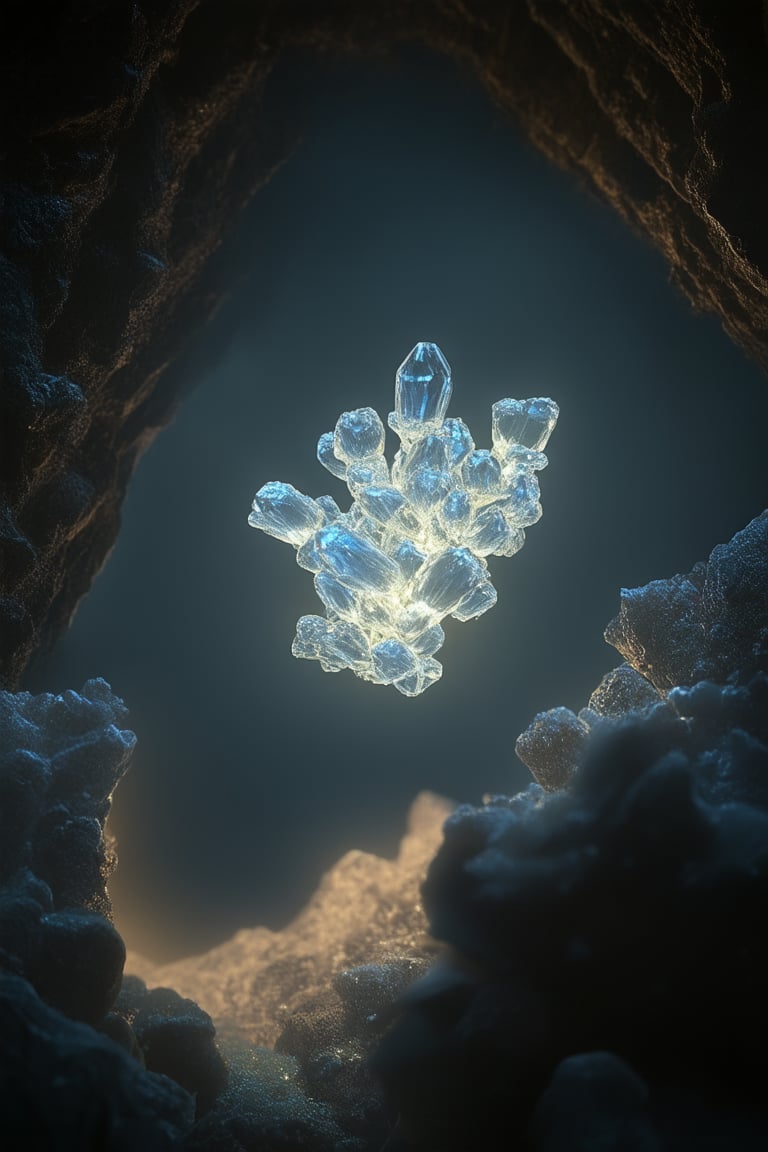 A close-up shot of a cluster of glowing crystals suspended in mid-air amidst a dark, misty cave. Soft, ethereal lighting illuminates the delicate formations, casting an otherworldly glow on the surrounding rocks. The camera's frame is tight, focusing attention on the mesmerizing crystals as they radiate a gentle, pulsing light.