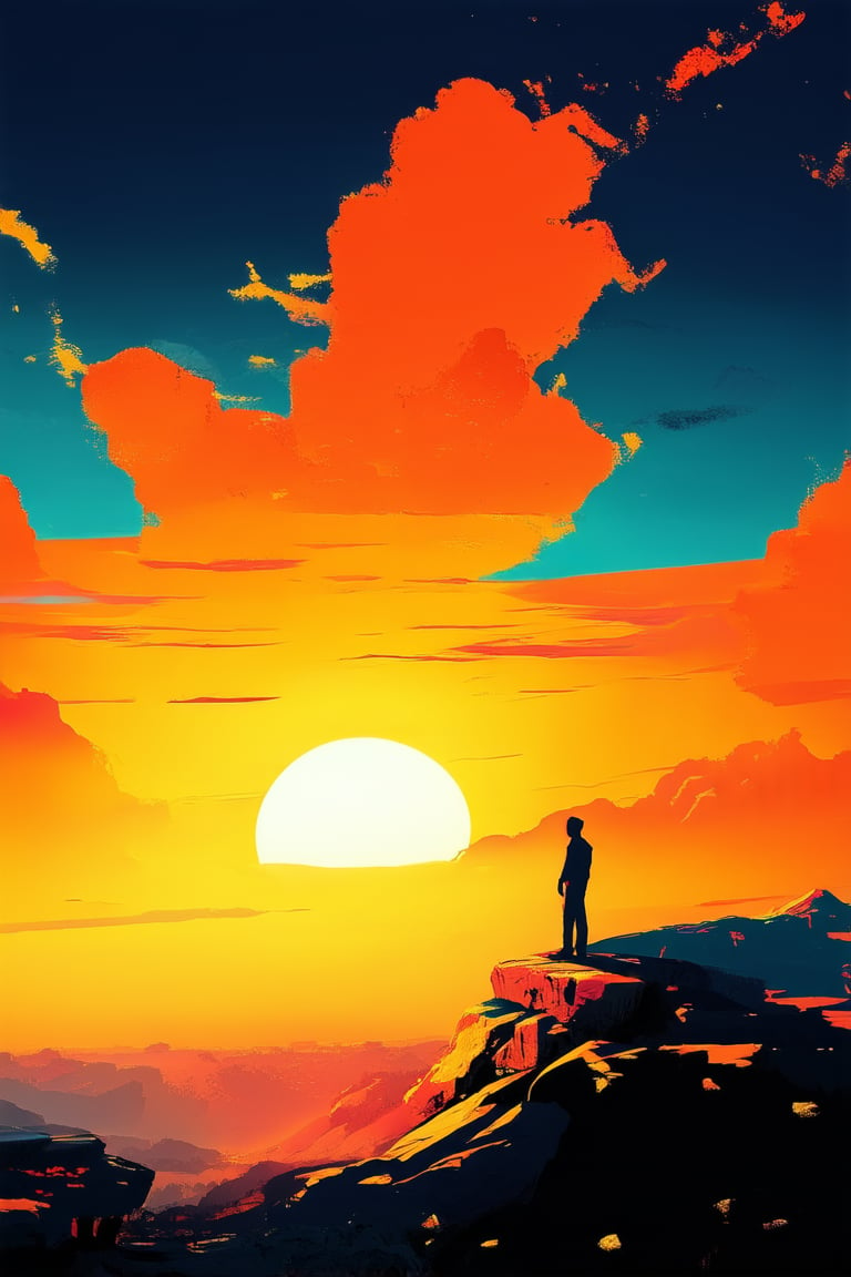 Vibrant sunset landscape with intense orange hues dominating the sky, casting a warm glow on the rugged terrain below. A lone figure stands atop a rocky outcropping, backlit by the fiery colors, with the silhouette of mountains in the distance.