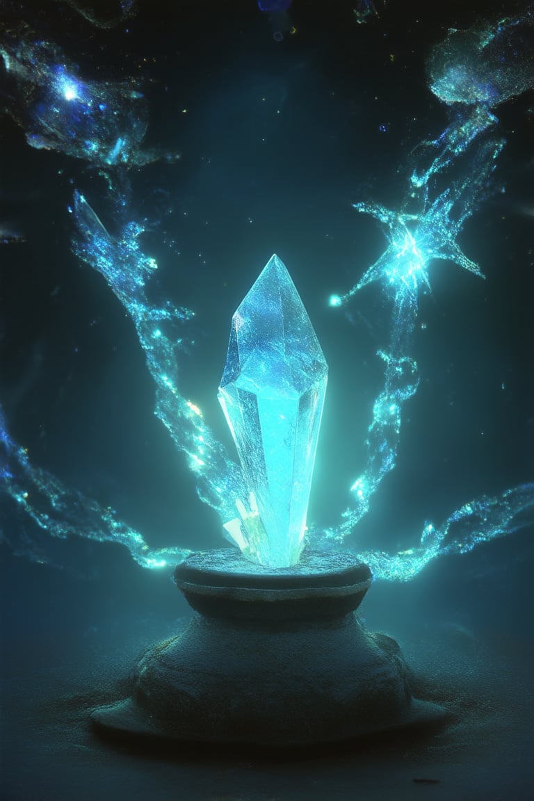 In a dimly lit, mystical chamber, a collection of glowing crystals suspended from the ceiling like ethereal stars. Iridescent hues danced across their surfaces as they pulsed with an otherworldly energy. A lone crystal, its facets reflecting the soft blue light, sat atop a worn stone pedestal, emitting a gentle hum.