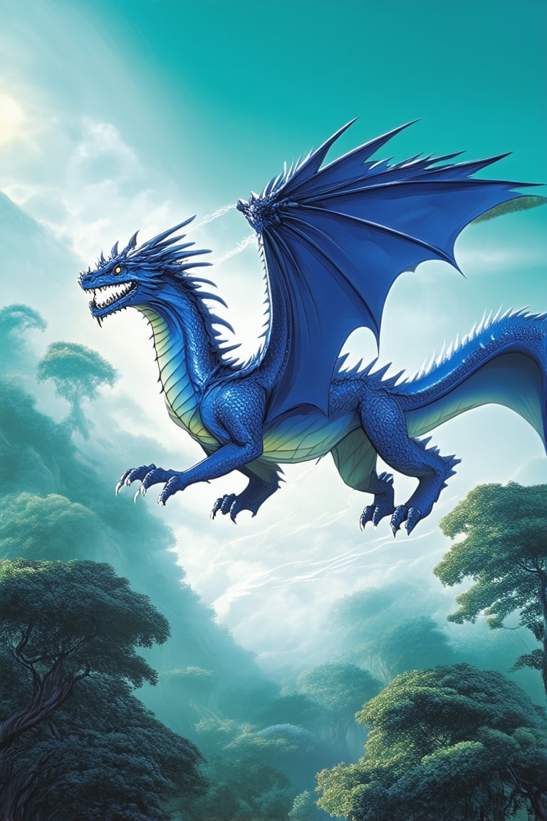 A majestic blue dragon soars against a vibrant turquoise sky, its iridescent scales glimmering in the warm sunlight as it spreads its magnificent wings, with a subtle gradient of deeper blues on its belly and a wispy trail of mist trailing behind. The landscape below is a lush, emerald green forest, with towering trees and rolling hills.