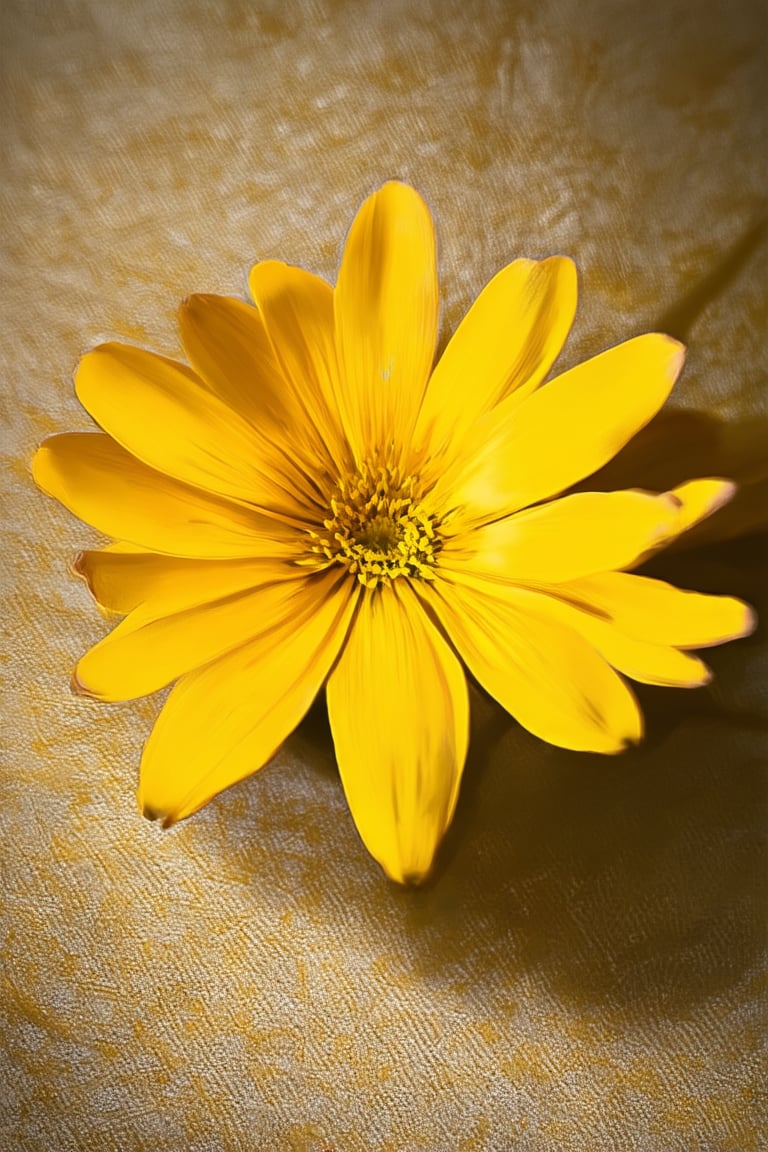 A close-up shot of a bright yellow Hakame, its petals unfolding like miniature suns, set against a warm, golden light. Soft focus on the background, emphasizing the delicate flower's intricate details. The subject rests on a textured, earthy surface, with subtle shadows accentuating its natural beauty.