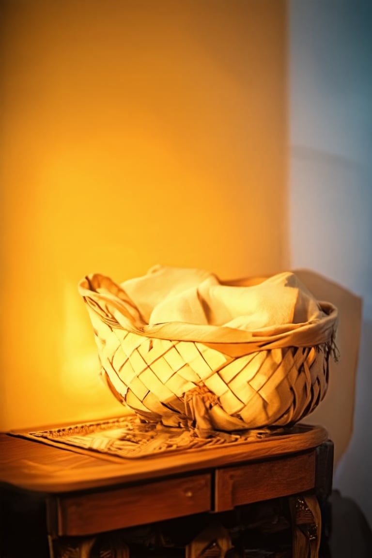 A warm yellow light envelops the serene face of a Hakame as it sits atop a vintage wooden table, adorned with intricately woven baskets and soft fabric. The framing is tight, showcasing the subject's gentle features. Soft focus creates a dreamy atmosphere, while the subtle gradient of yellows in the background adds depth.