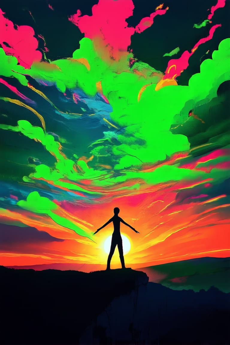 Vibrant sunset landscape: a lone figure stands at the edge of a cliff, arms outstretched to the sky as a kaleidoscope of colors erupts behind them. Warm orange and pink hues dominate the horizon, gradually intensifying into neon green and blue. The subject's pose is bold, yet serene, against a backdrop of swirling clouds and dramatic shadows.