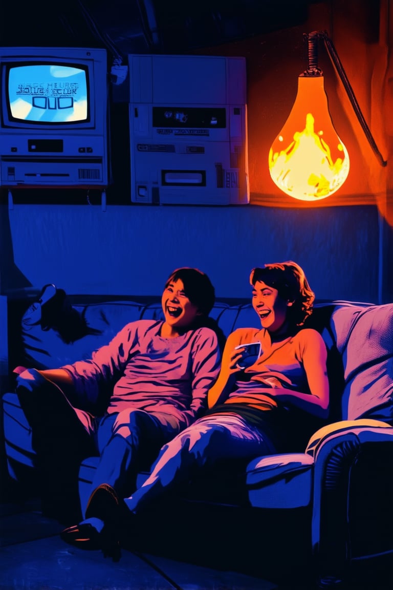 A nostalgic snapshot from a bygone era: A group of friends lounging on a worn-out couch in a dimly lit basement, surrounded by vintage video games and dusty VHS tapes. The soft glow of a lava lamp casts a warm, orange hue over the scene as they share laughter and memories while sipping Surge soda and playing with Game Boy Color.