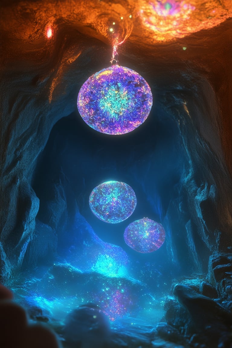 A mystical cavern bathed in an ethereal blue light, as glowing crystals suspended from the ceiling cast a kaleidoscope of colors across the ancient stone walls. A trio of luminous orbs radiate warmth and energy, their facets reflecting a mesmerizing dance of blues and purples.