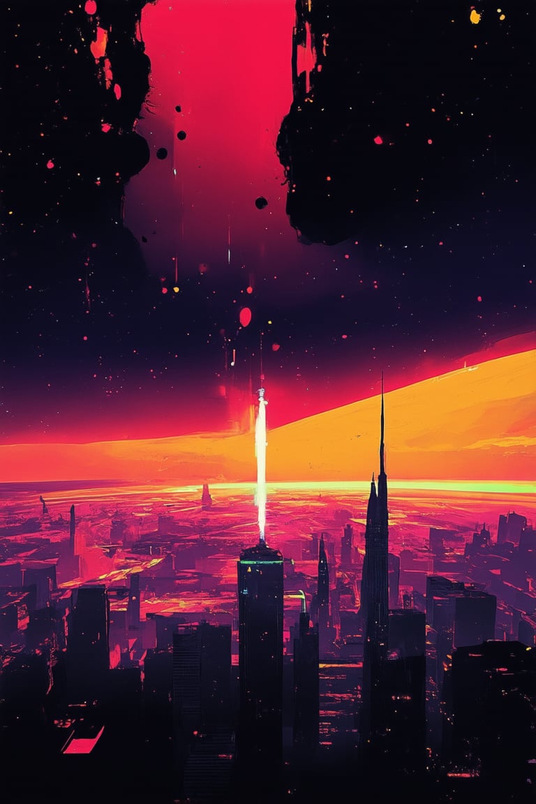 A vibrant and bold image of a fiery sunset on a distant planet, with hues so extreme they seem to pulse with an otherworldly energy. The sky is a deep shade of crimson, almost black, with hints of burnt orange bleeding into the horizon. In the foreground, a lone, futuristic cityscape glows neon green, set against a backdrop of ravishing pinks and purples.