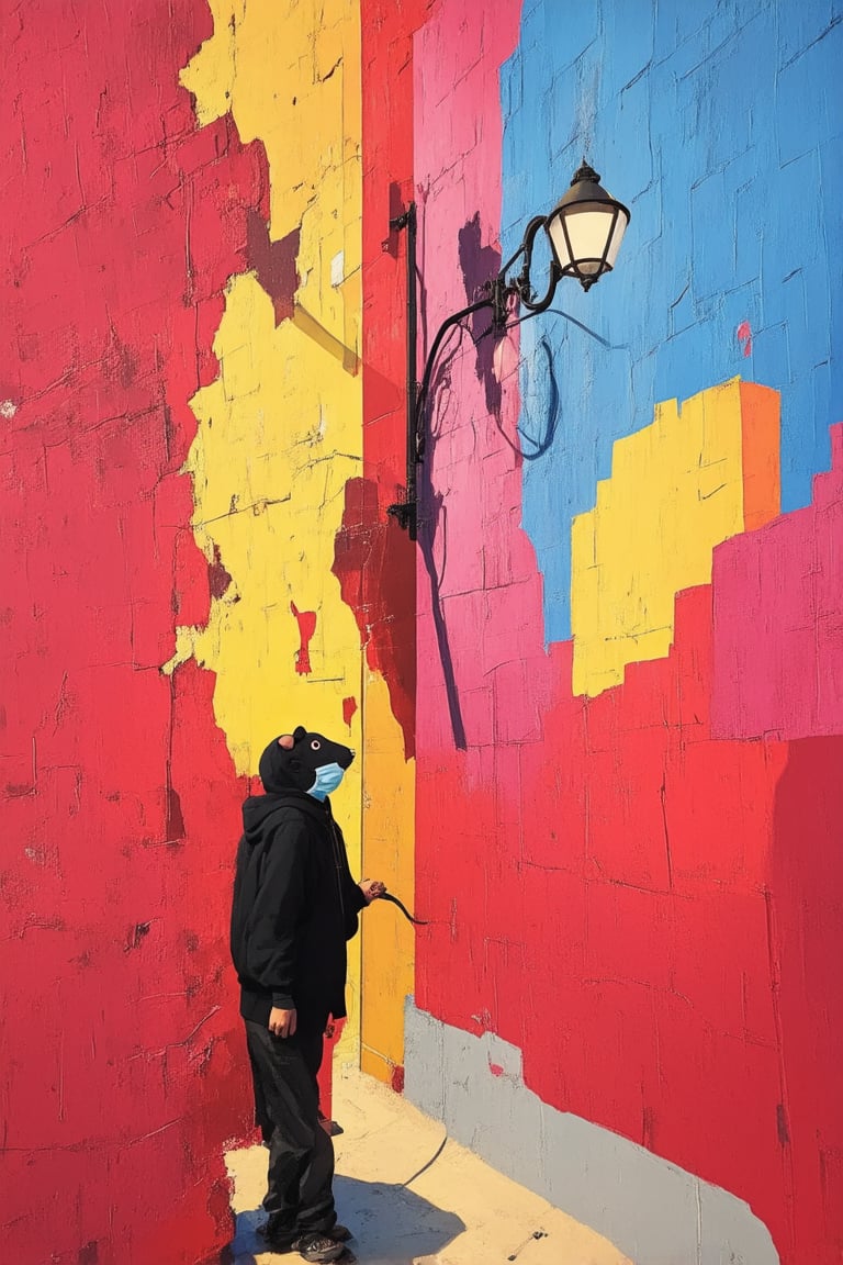 A dimly lit alleyway at dusk, with crumbling brick walls and flickering streetlights casting long shadows. A figure in a black hoodie, face obscured by a mask, is seen spraying a vibrant mural on the wall. The colors are bold and bright, depicting a cityscape with skyscrapers and neon lights, as if the urban jungle is being brought to life. The mysterious artist's handiwork is marked by a signature rat silhouette.