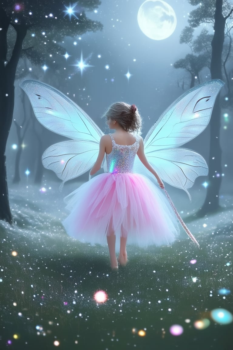 Moonlit forest glade, soft focus on a whimsical wand-wielding fairy, dressed in iridescent tutu and glittering wings, amidst a swirl of misty blue fog, with twinkling stars above. Wonder-filled magic sparks around her, illuminating the mystical atmosphere.