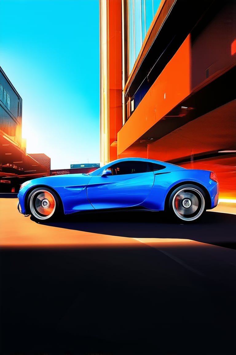 A vibrant, electric blue dominates the frame as a sleek sports car zooms by, its chrome accents glistening in the intense sunlight. The camera captures a low-angle shot, looking up at the speeding vehicle from the pavement below, emphasizing its power and agility. Blazing orange hues illuminate the surrounding buildings, creating a kaleidoscope of color against the bright blue sky.