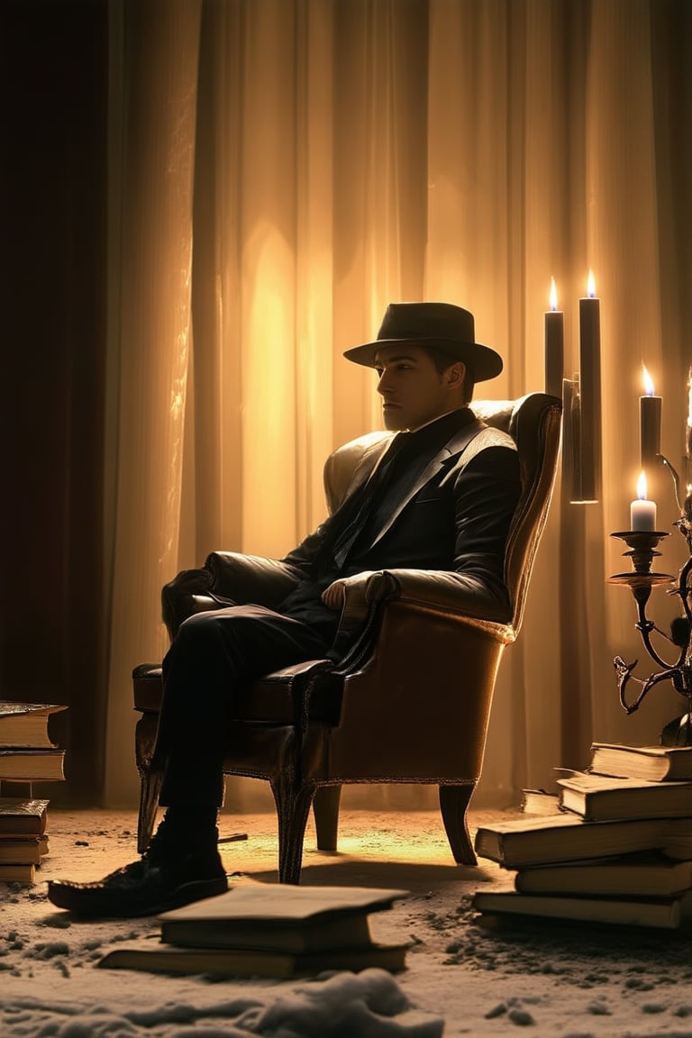 A warm, golden light bathes a vintage-inspired scene, reminiscent of classic Hollywood films. A dashing gentleman, dressed in sharp suit and fedora, sits pensively on a worn leather armchair, surrounded by dusty old books and dimly lit candelabras. The soft focus creates a dreamy atmosphere, as if the moment is frozen in time.