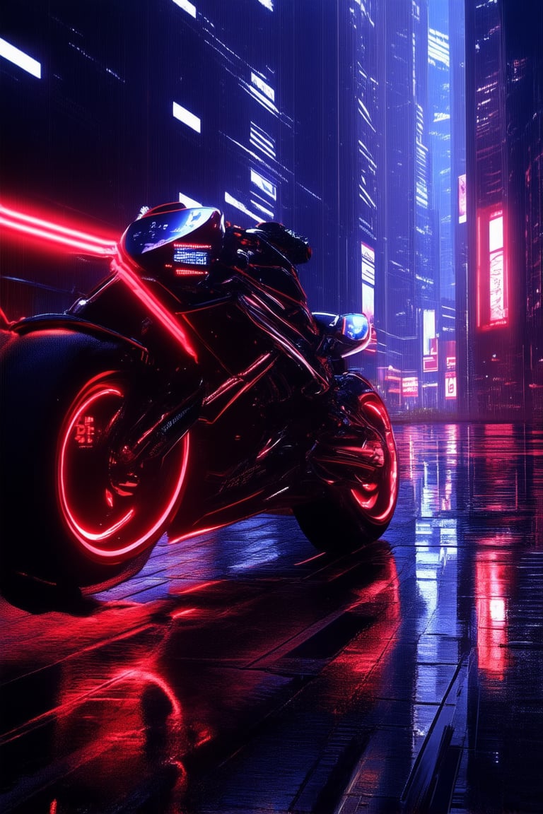 A futuristic cyberpunk scene unfolds: A gritty cityscape at dusk, neon lights reflecting off wet pavement. In the midst, a lone hacker sits amidst a maze of cables and screens, their eyes fixed on a virtual reality headset. The city's towering skyscrapers loom in the background, while a sleek, high-tech motorcycle rests idle nearby.