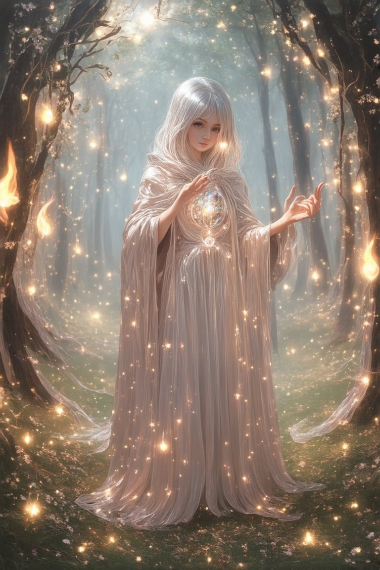 A whimsical illustration of WonderMagic: A mystical sorceress stands in a lush forest, surrounded by twinkling fireflies and wispy vines. She wears a flowing cloak with intricate stars embroidered on the hem, and her long silver hair flows like moonlight. Her eyes shimmer with an otherworldly glow as she gestures towards a glowing crystal orb, casting a warm golden light across the scene.