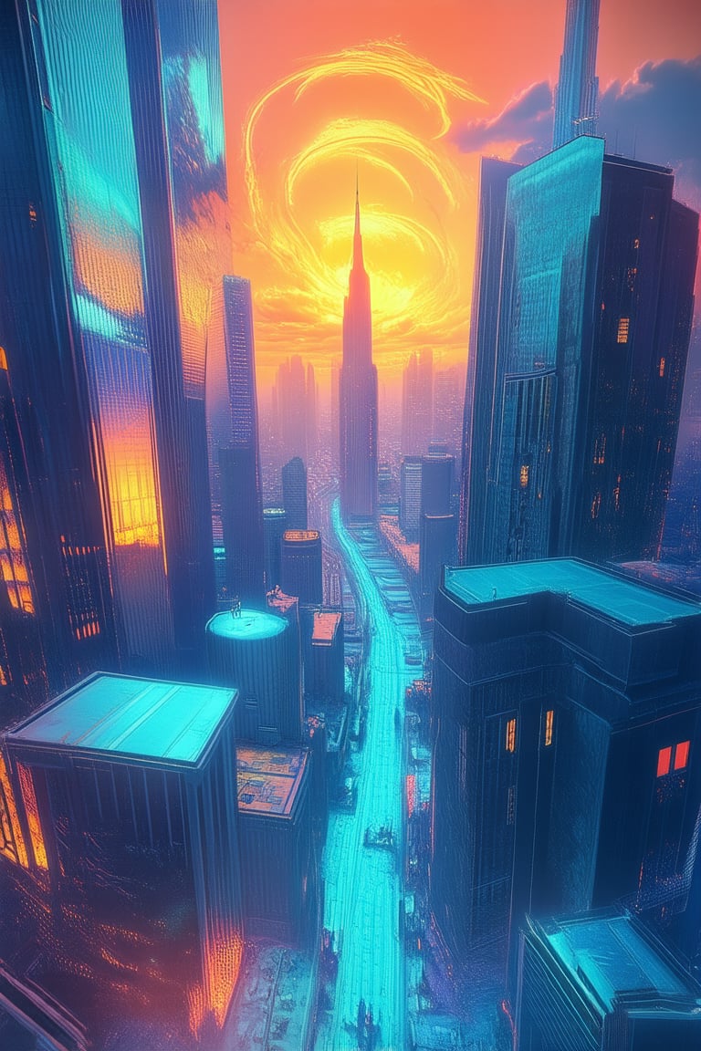 A surreal landscape with a vibrant gradient hue, transitioning from deep blues to fiery oranges, envelops a futuristic cityscape. Towering skyscrapers and sleek architecture dominate the scene, set against a backdrop of swirling colors that seem to pulse with energy. The air is electric with an otherworldly glow.