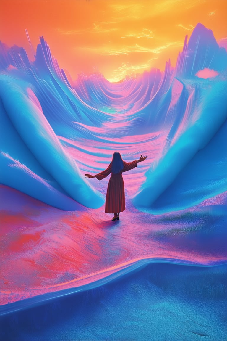 A surreal landscape unfolds as a vibrant gradient world takes shape. Softly glowing hues of blue and purple blend seamlessly into warm tones of orange and red, creating an ethereal atmosphere. In the foreground, a lone figure stands atop a wispy hill, arms outstretched as if embracing the kaleidoscope colors that swirl around them.