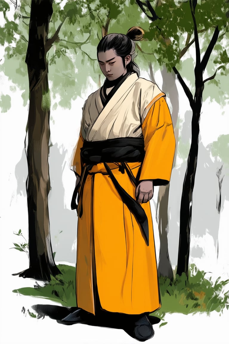 A vibrant yellow Hakama, worn by a dignified Japanese samurai, standing proudly in a misty forest clearing, surrounded by towering trees and lush green foliage. Soft morning light filters through the leaves, casting a warm glow on the traditional garment's intricate designs.