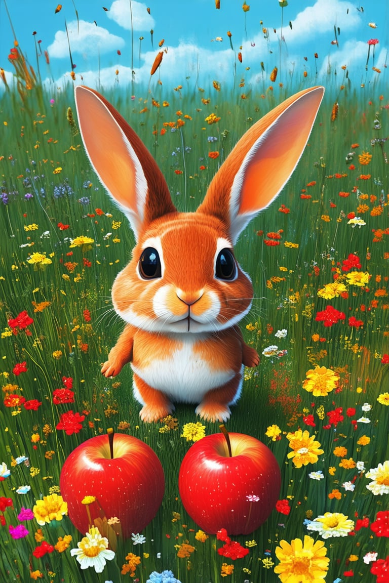 A whimsical illustration of a curious rabbit in a sunny meadow, surrounded by vibrant wildflowers and tall grasses. The rabbit stands on its hind legs, grasping a bright red apple in its paws, with a hint of mischief in its twinkling eyes. Soft, warm lighting illuminates the scene, casting a gentle glow over the lush greenery and colorful blooms.