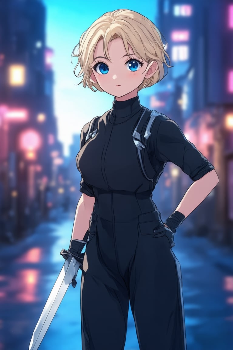 A dynamic anime-inspired scene! A young girl with short blonde hair and bright blue eyes stands confidently in a bold pose, one hand on her hip and the other holding a gleaming sword. She's set against a vibrant cityscape at dusk, with neon lights reflecting off the wet pavement. Her outfit is a sleek black jumpsuit adorned with silver accents, framing her athletic physique. The camera angle is low and wide, emphasizing her powerful stance. Soft focus blurs the background, drawing attention to our heroine's determined expression.