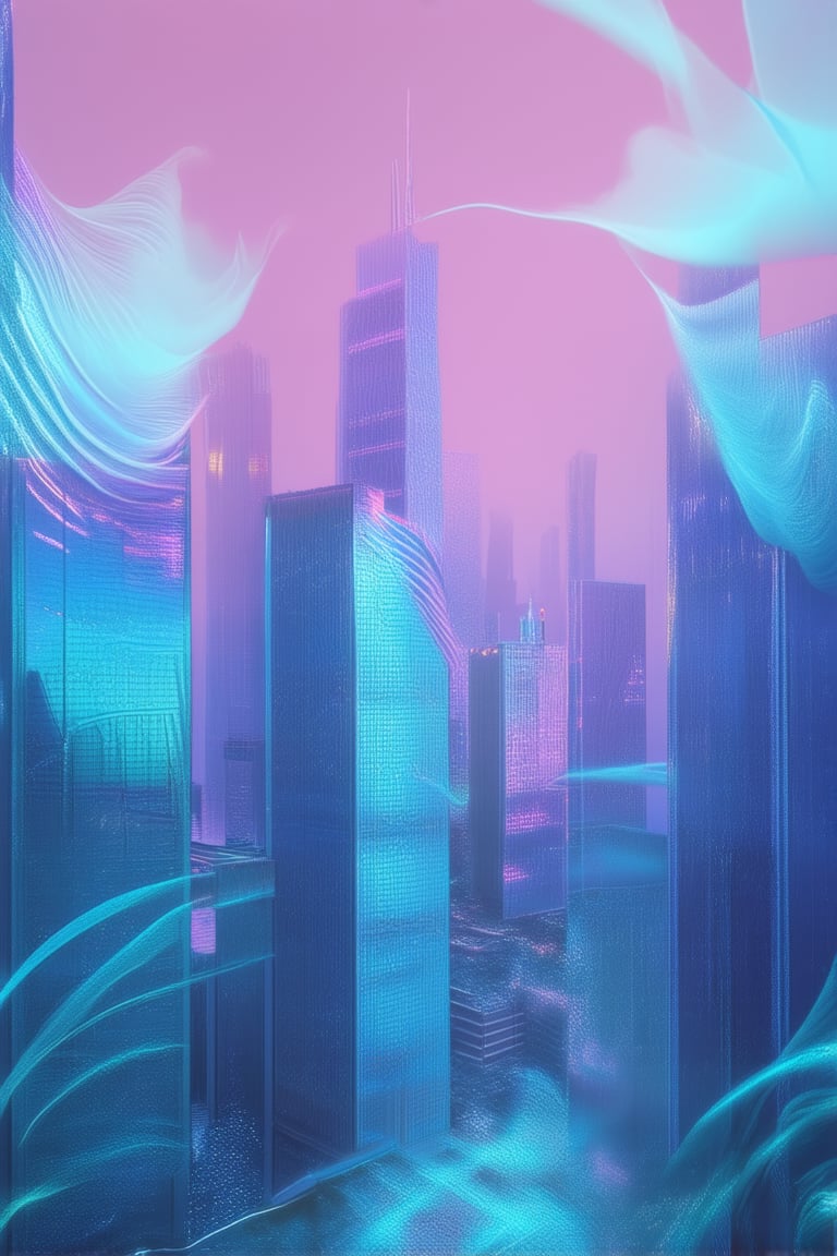 In a surreal gradient world, a misty veil of iridescent hues envelops a futuristic cityscape, where neon-lit skyscrapers dissolve into soft focus. Gradations of blue and purple swirl like wisps of cloud, as the once-man-made structures blend with nature's subtle beauty.