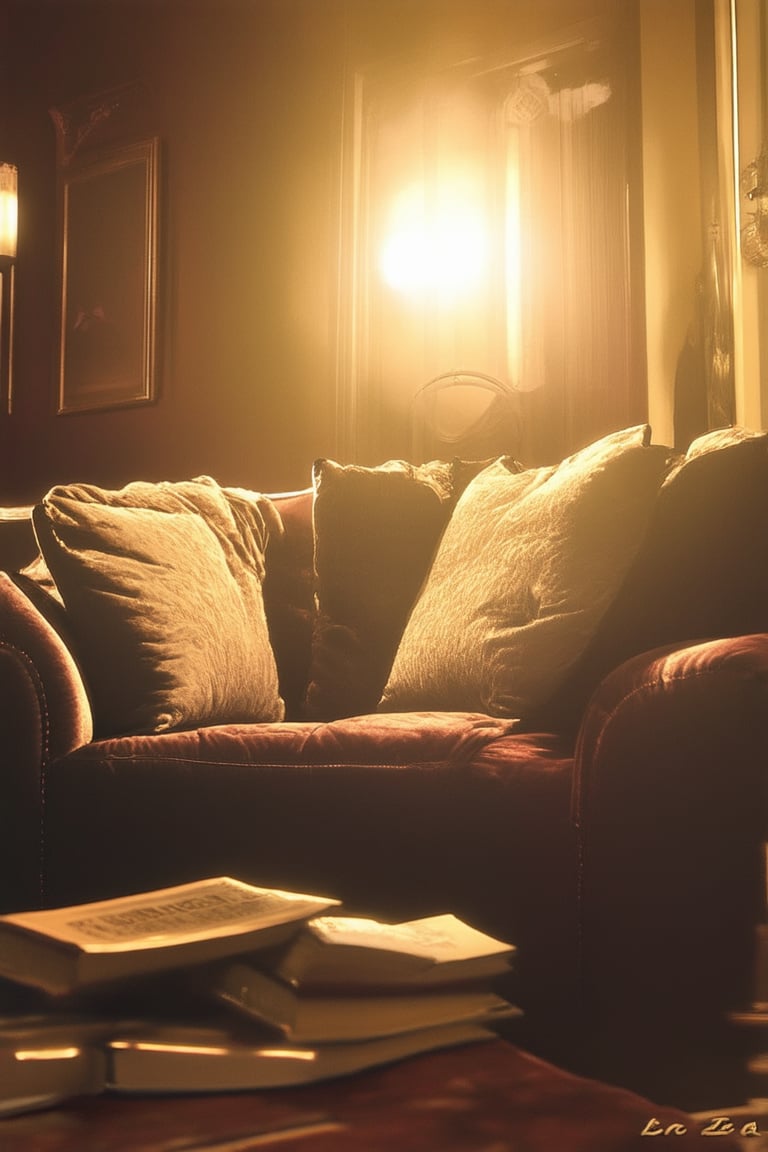 A vintage-inspired portrait: A soft focus captures a warm-toned subject, reminiscent of a bygone era. Golden light illuminates their gentle smile as they sit elegantly on a plush velvet sofa, surrounded by antique furniture and worn leather-bound books. The room's rich colors and ornate details evoke nostalgia for a simpler time.