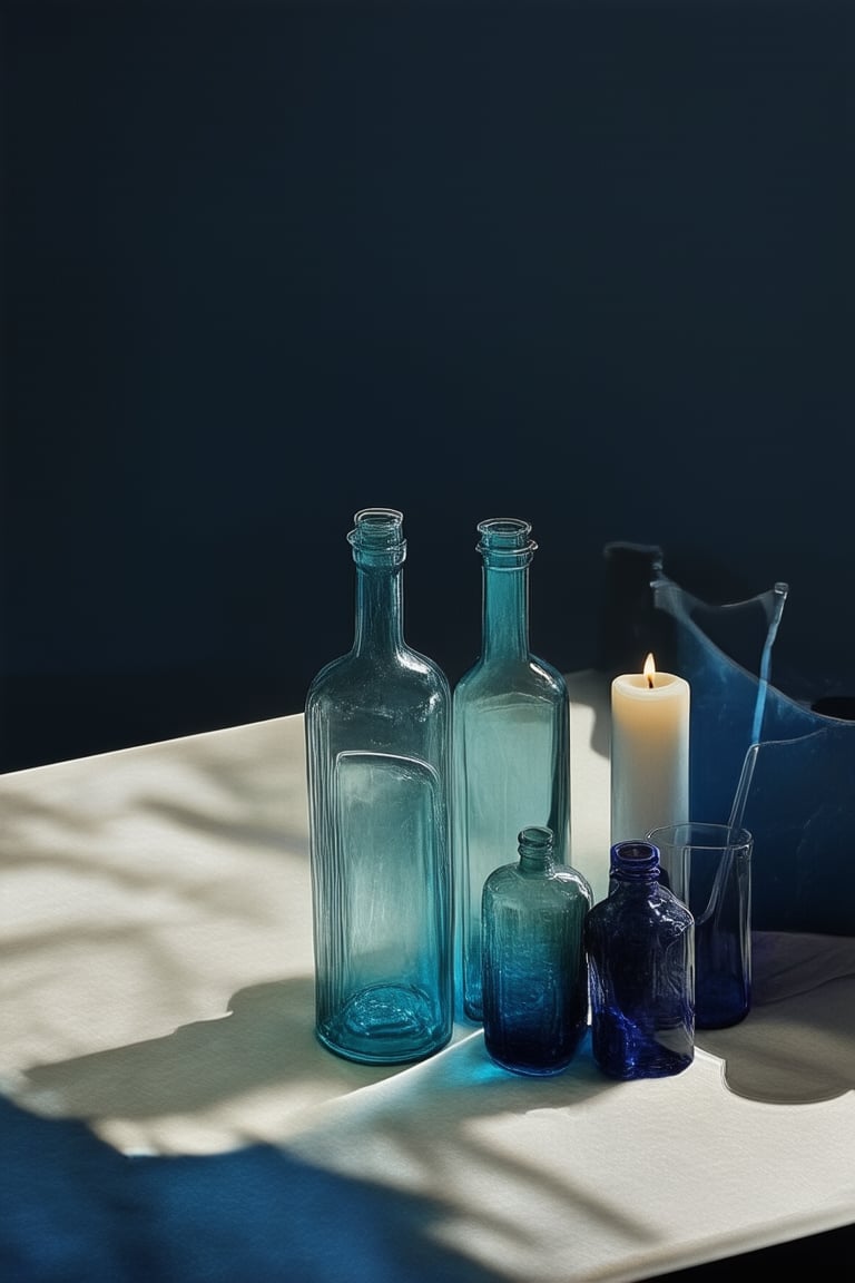 A still life arrangement of vintage bottles and dusty vases set against a dark blue background, with hints of indigo and navy undertones. The shadows cast by the objects are deep and rich, while the lighting is soft and diffused. A solitary candle flickers in the distance, casting an eerie glow on the scene.