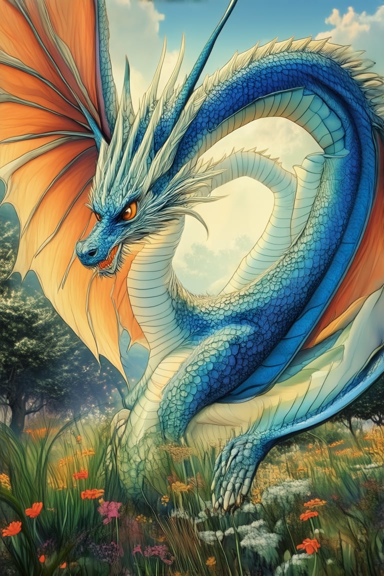 A majestic dragon swoops over a mystical forest, its scales glistening in soft morning light as it spreads its iridescent wings to reveal intricate patterns. The dragon's piercing gaze surveys the lush landscape, where towering trees and vibrant wildflowers sway gently in the breeze.