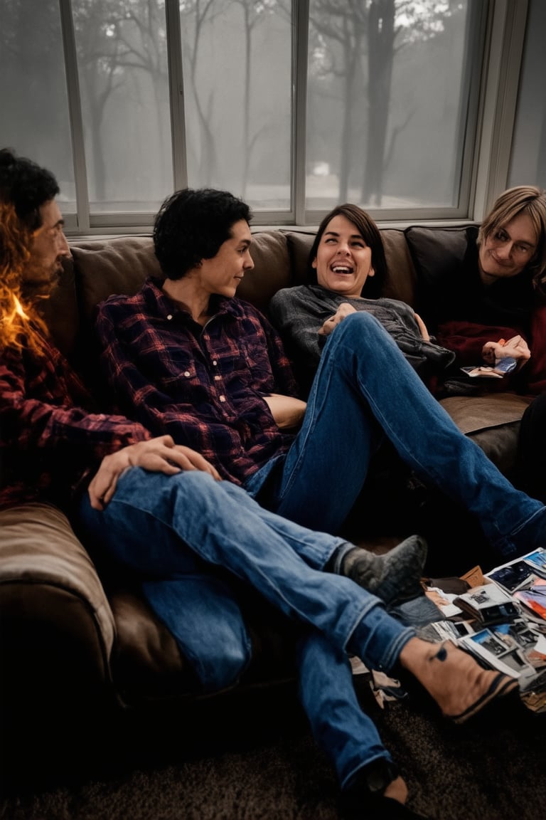 A nostalgic snapshot captures a group of friends lounging on a worn-out couch in a dimly lit living room, circa 1995. Oversized flannel shirts and high-waisted jeans dominate the scene, while a cassette tape player blasts alternative rock tunes. A foggy windowpane casts a warm glow, as the gang laughs and jokes, surrounded by VHS tapes, old video games, and a scattering of Polaroid photos.