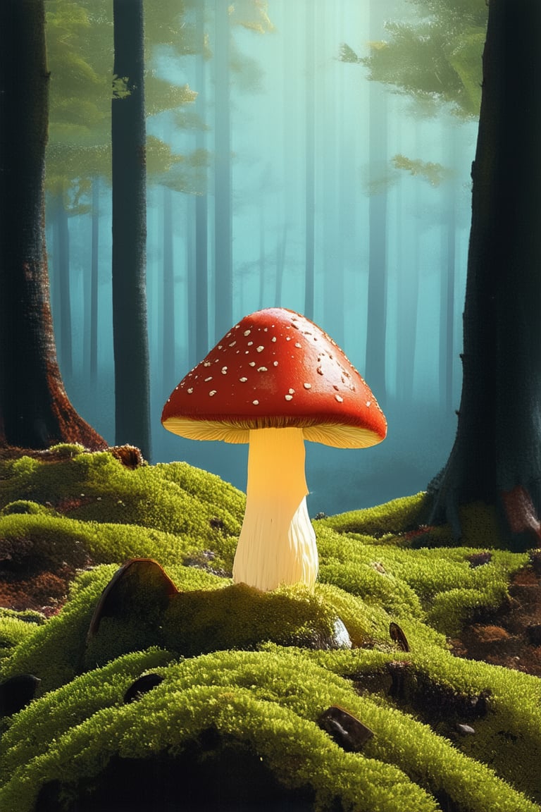 A whimsical illustration of a single, glowing mushroom standing upright on a mossy forest floor. Soft, warm light filters through the trees above, casting gentle shadows on the terrain. The mushroom's cap is adorned with delicate, swirling patterns, while its stem is slender and curved like a tiny, green scimitar.