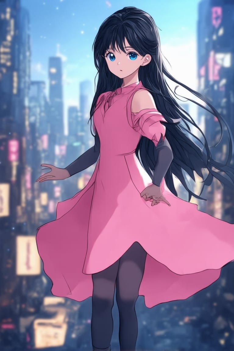 A young girl with long, flowing black hair and bright blue eyes stands confidently in a dynamic anime-inspired pose, one foot slightly ahead of the other. Her slender fingers grasp the hem of her vibrant pink dress as she gazes directly at the viewer with a determined expression. A futuristic cityscape background features neon-lit skyscrapers and flying cars zipping by, adding to the energetic atmosphere.