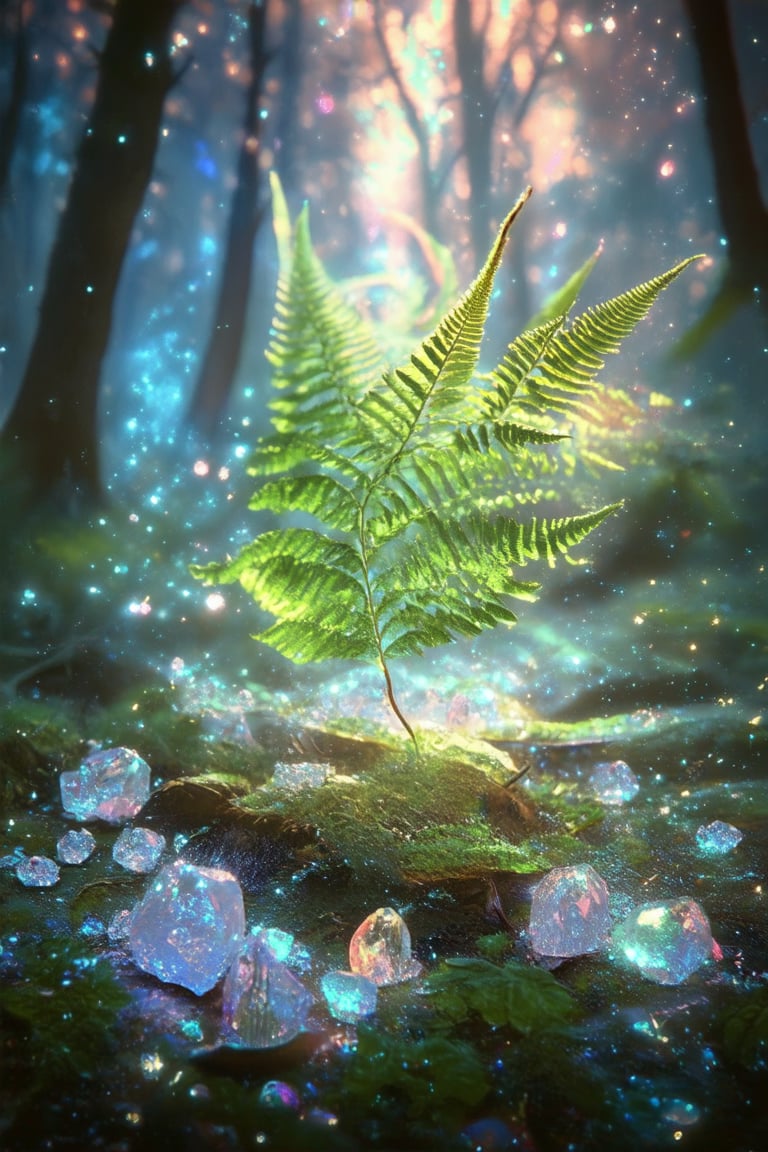 A close-up shot of a mystical forest floor, bathed in an ethereal glow. Glowing crystals of iridescent hues scatter across the frame, emitting a soft luminescence that seems to pulse with an otherworldly energy. Amidst the sparkling gems, a delicate fern unfurls its fronds, as if dancing to the rhythm of the crystals' gentle hum.