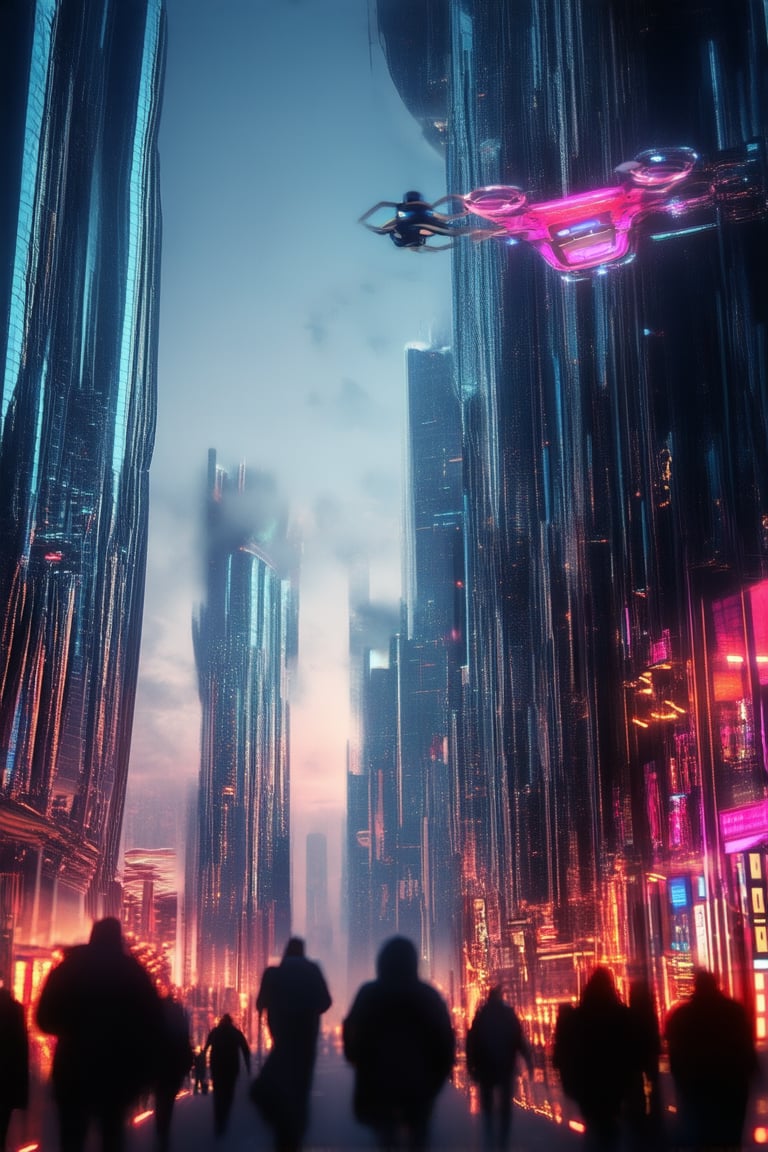 A futuristic metropolis at dusk: sleek skyscrapers pierce the smoggy sky as neon lights flicker to life, casting a vibrant glow on the bustling streets below. A hovering drone zips past a group of pedestrians in avant-garde attire, their faces aglow with augmented reality contact lenses.