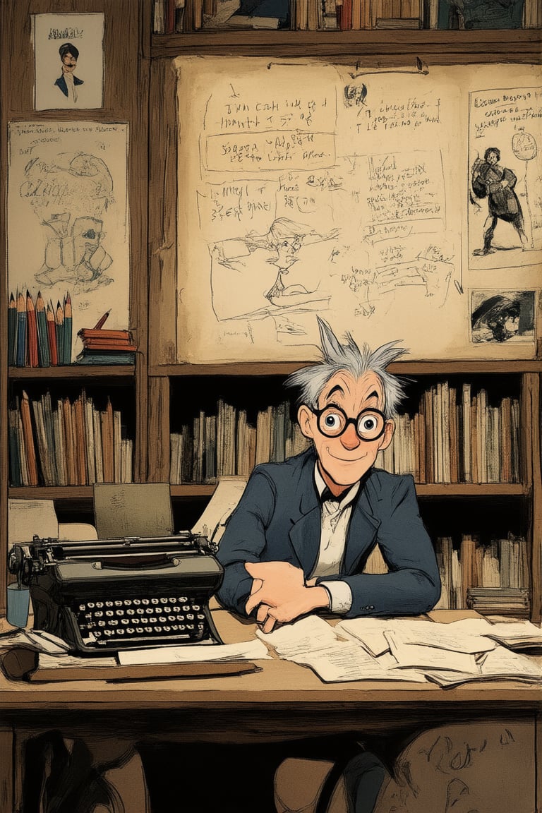 A whimsical animation studio setting, inspired by Don Bluth's nostalgic charm. A vintage-style desk, adorned with antique typewriters and dusty tomes, sits beneath a warm golden light. The walls are lined with classic cartoons, posters of beloved characters, and hand-drawn concept art. Amidst the nostalgia, a bespectacled animator sits hunched over their worktable, surrounded by scattered papers, pencils, and half-finished storyboards.