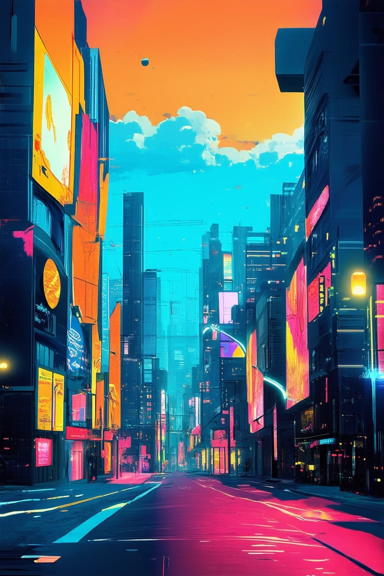 A vibrant, neon-lit cityscape at dusk, with buildings and streets bathed in an extreme hue of electric blue, like a surreal dream. The sky is ablaze with fiery oranges and yellows, casting a warm glow on the futuristic architecture, while the neon lights of billboards and streetlights radiate an intense, pulsing energy.