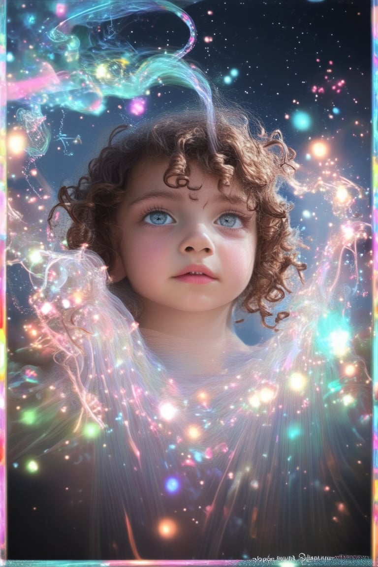 A whimsical wonderland unfolds as a young girl with curly brown hair and sparkling blue eyes gazes up at a swirling vortex of colorful lights and mystical smoke. Framed against a darkened sky, the scene is bathed in an ethereal glow from twinkling fairy lights. The subject's pose captures a sense of enchantment and curiosity.