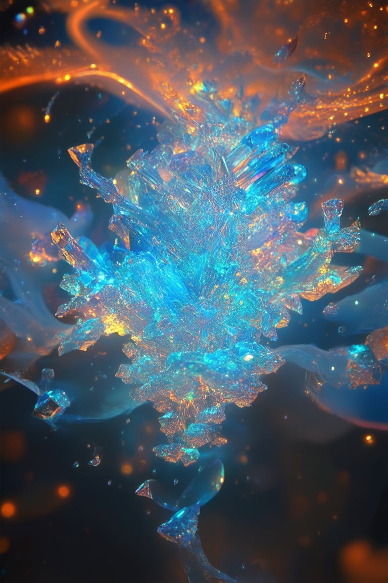 A surreal dreamscape unfolds with 'Glowing Crystals' as the main attraction. A misty, iridescent aura envelops a cluster of luminescent crystals suspended mid-air, their facets reflecting hues of electric blue and fiery orange. Shimmering tendrils of light emanate from the crystals, casting an ethereal glow on the surrounding darkness.