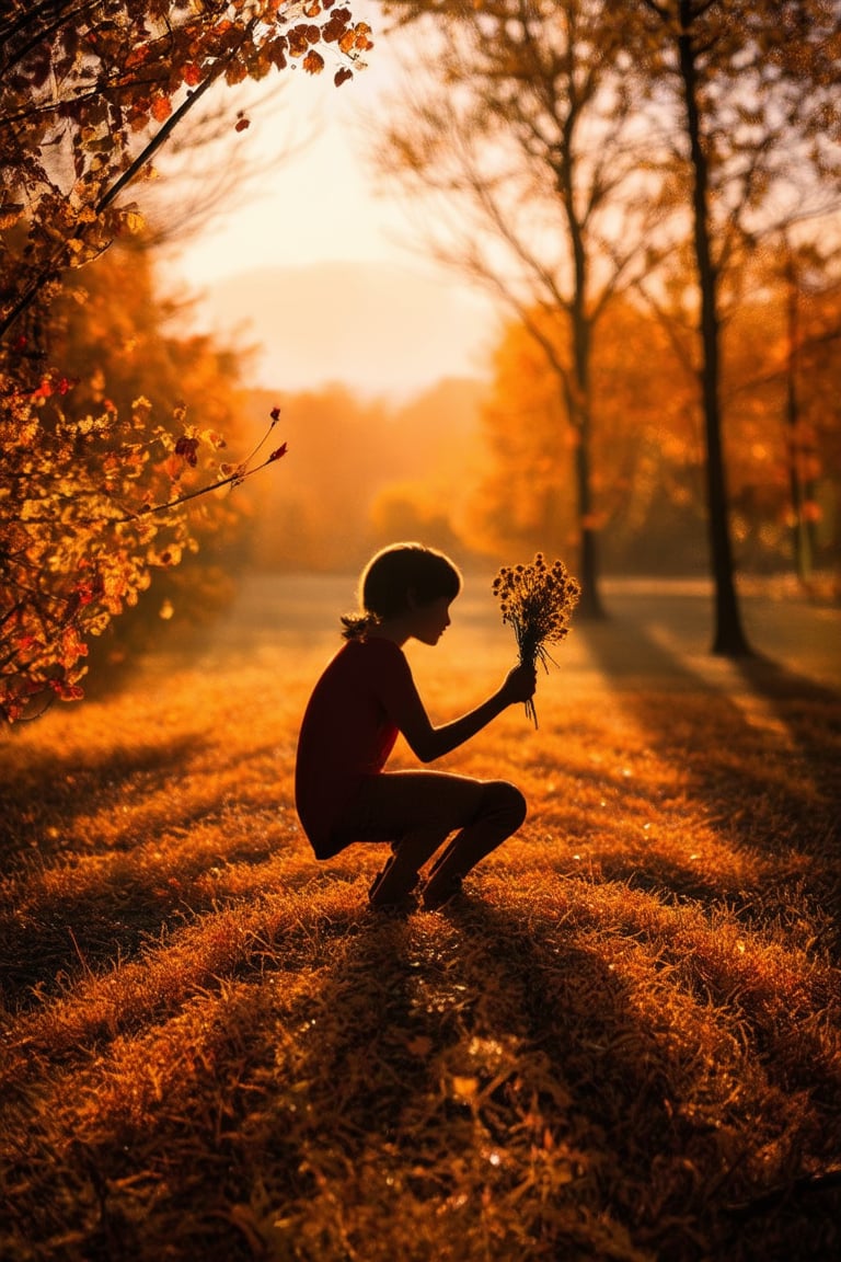 A serene autumn scene: a warm golden light casts long shadows across rustling leaves of amber, crimson, and honey hues, scattered beneath a fiery orange sky. A lone figure, clad in earthy tones, kneels amidst the foliage, hands gently grasping a bouquet of dried wildflowers, as nature's palette unfolds before them.